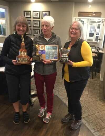2021 - Left - Stephanie Moulton - Francis Trophy / Middle - Pat Everett - Brown Trophy and the Fairbairn Trophy / Right - Noreen McCaffrey - Most Improved Golfer Trophy