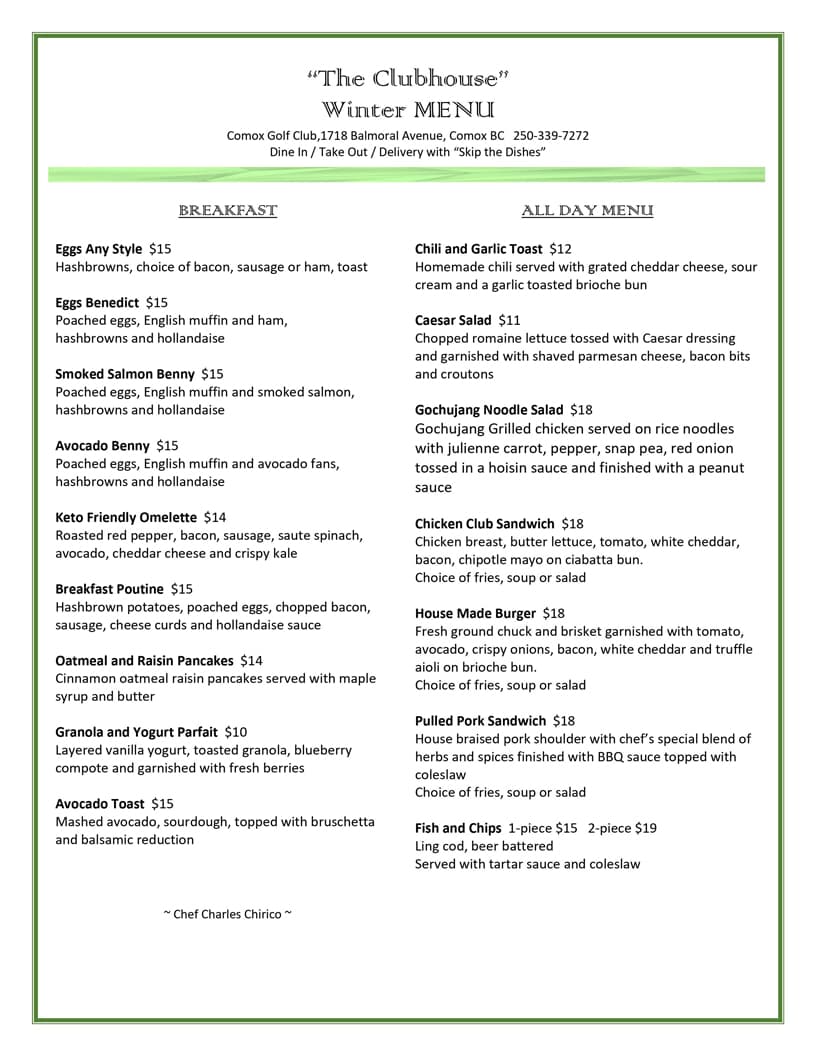 The Clubhouse Restaurant 2021 Winter Menu